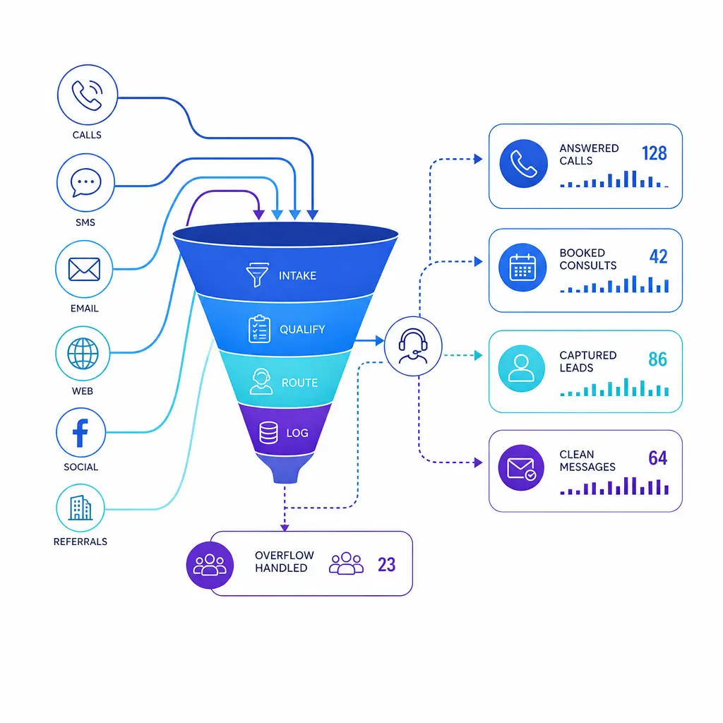 Operational outcomes like answered calls, booked appointments, and captured leads rise through a structured intake funnel.