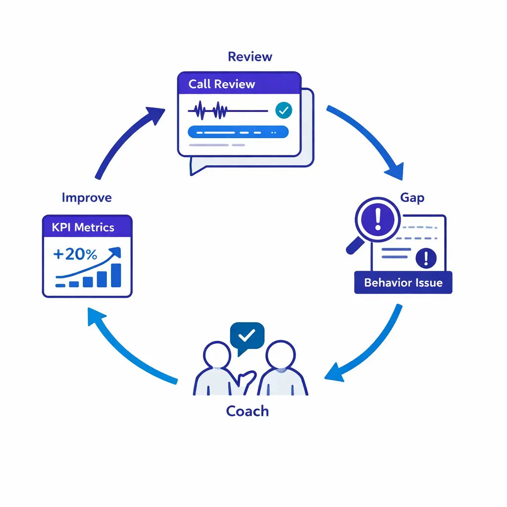 A weekly feedback loop connects call reviews, coaching, and improved metrics.