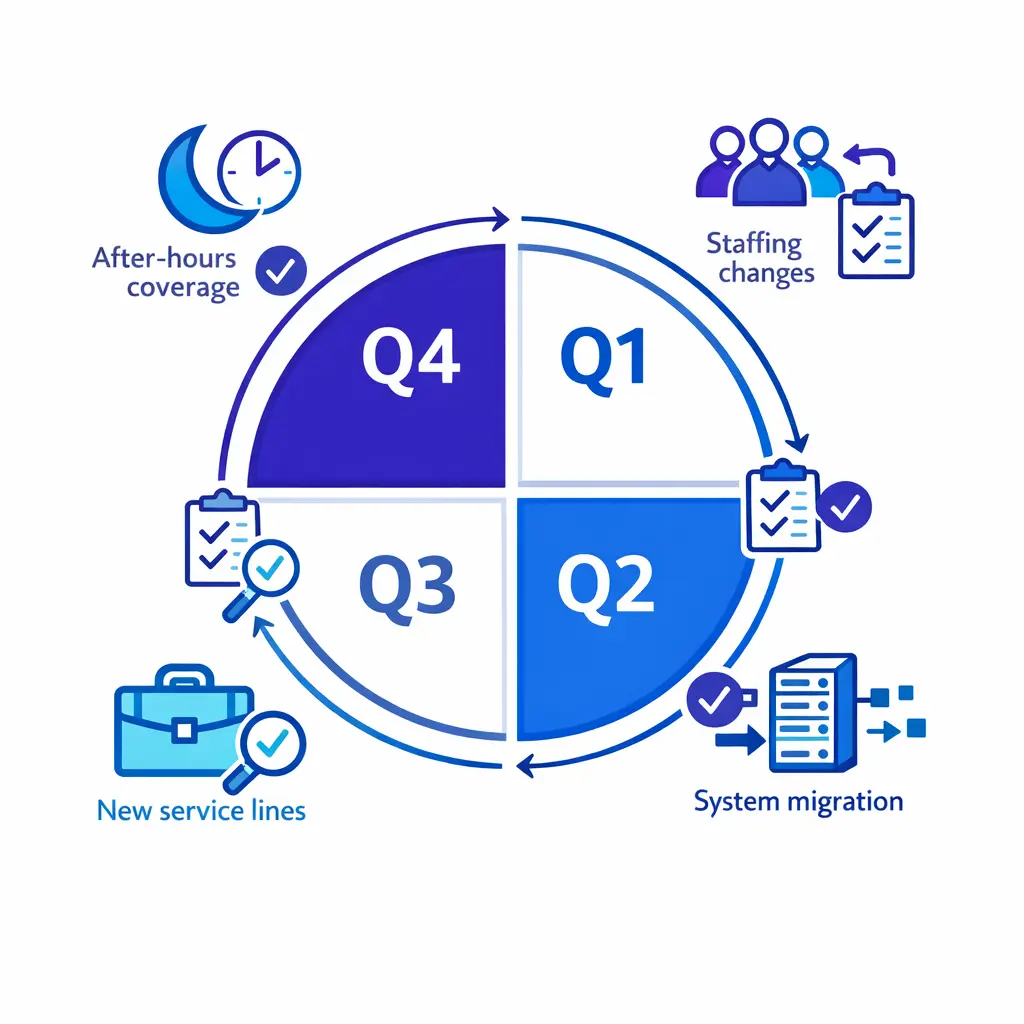 A seasonal review calendar shows steady quarterly audits with extra checks after major operational changes.