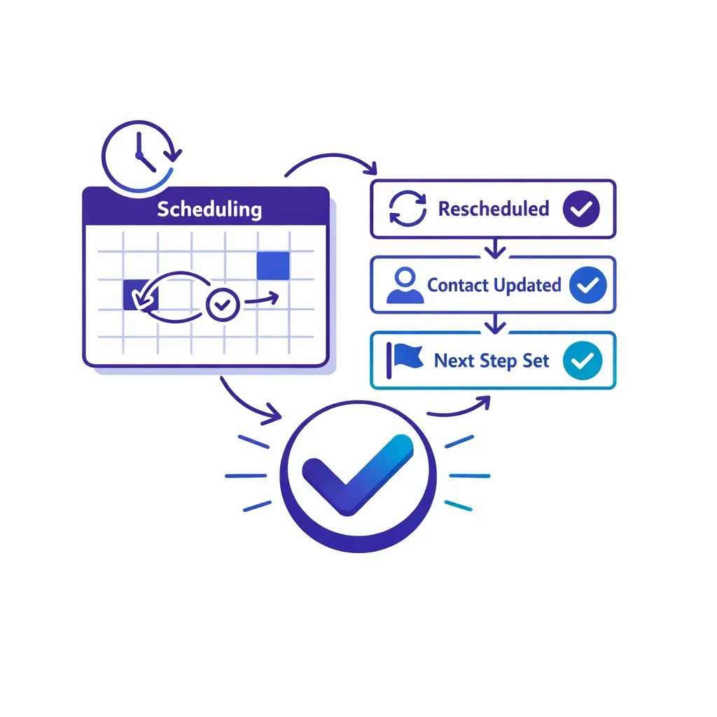 Scheduling example shows a change made, details updated, and next steps confirmed in one call.