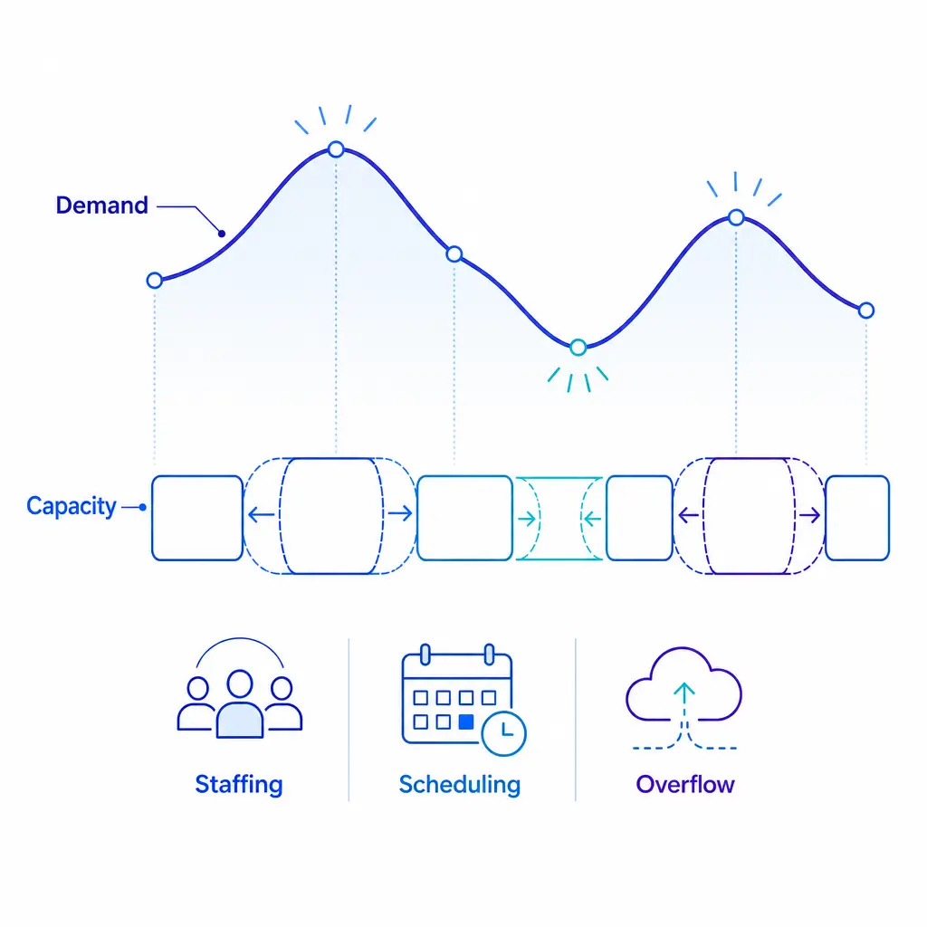 A volume graph rises and falls while outsourced capacity expands and contracts to match demand.