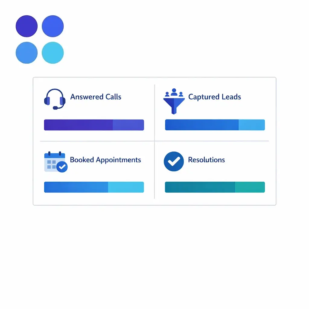 A concise metric panel links answered calls, captured leads, booked appointments, and resolved issues.