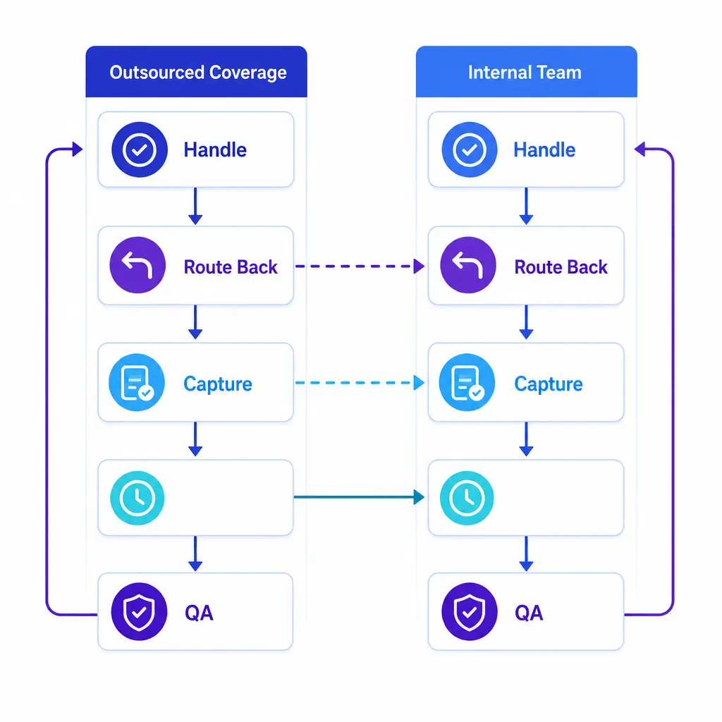 A structured handoff diagram shows what is handled, routed back, captured, and quality reviewed.