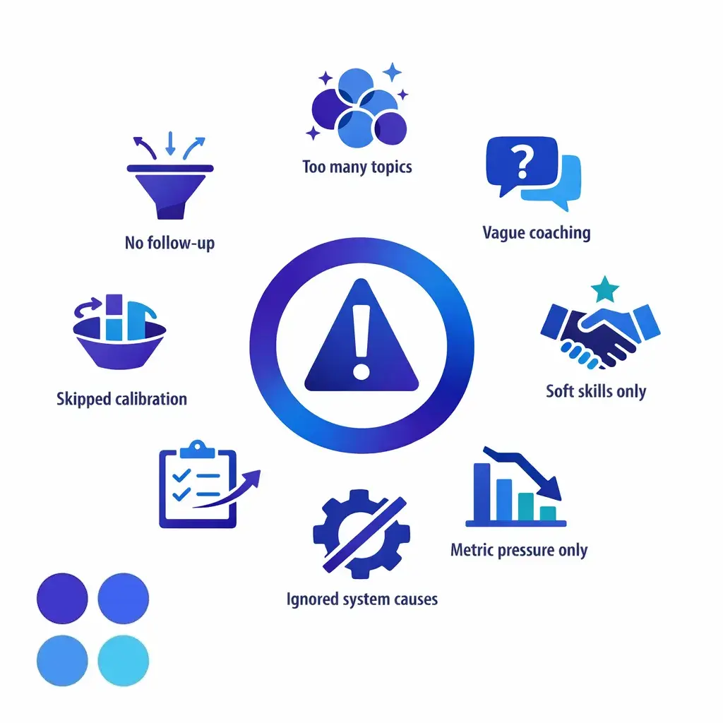 Seven common coaching mistakes are shown as small caution icons around a central warning ring.