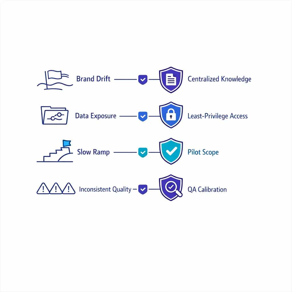 A risk map pairs brand control, security, and quality risks with clear blue safeguard icons.