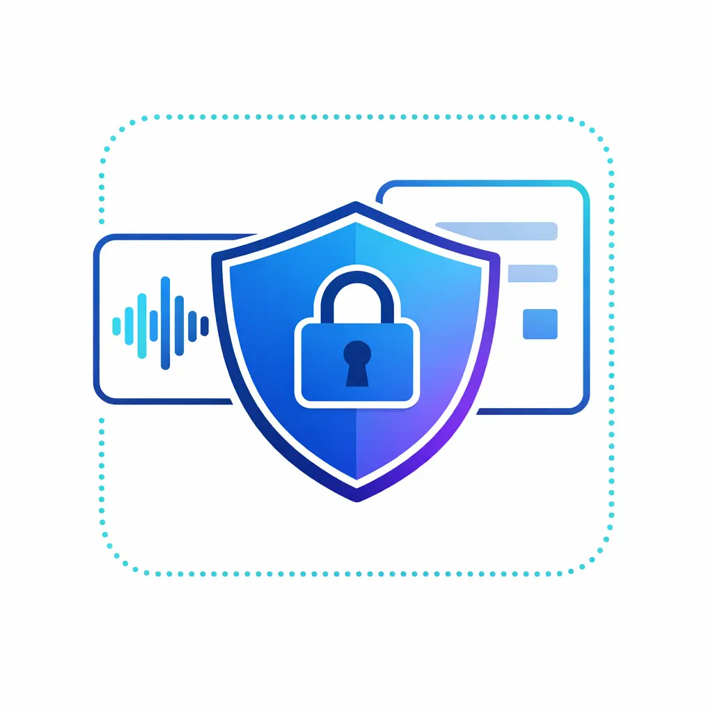 A shield and lock surround a call recording and form card, signaling privacy and controlled access.