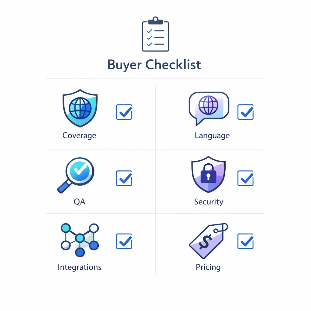 A concise enterprise checklist organizes coverage, language, QA, security, integrations, and pricing into one review frame.