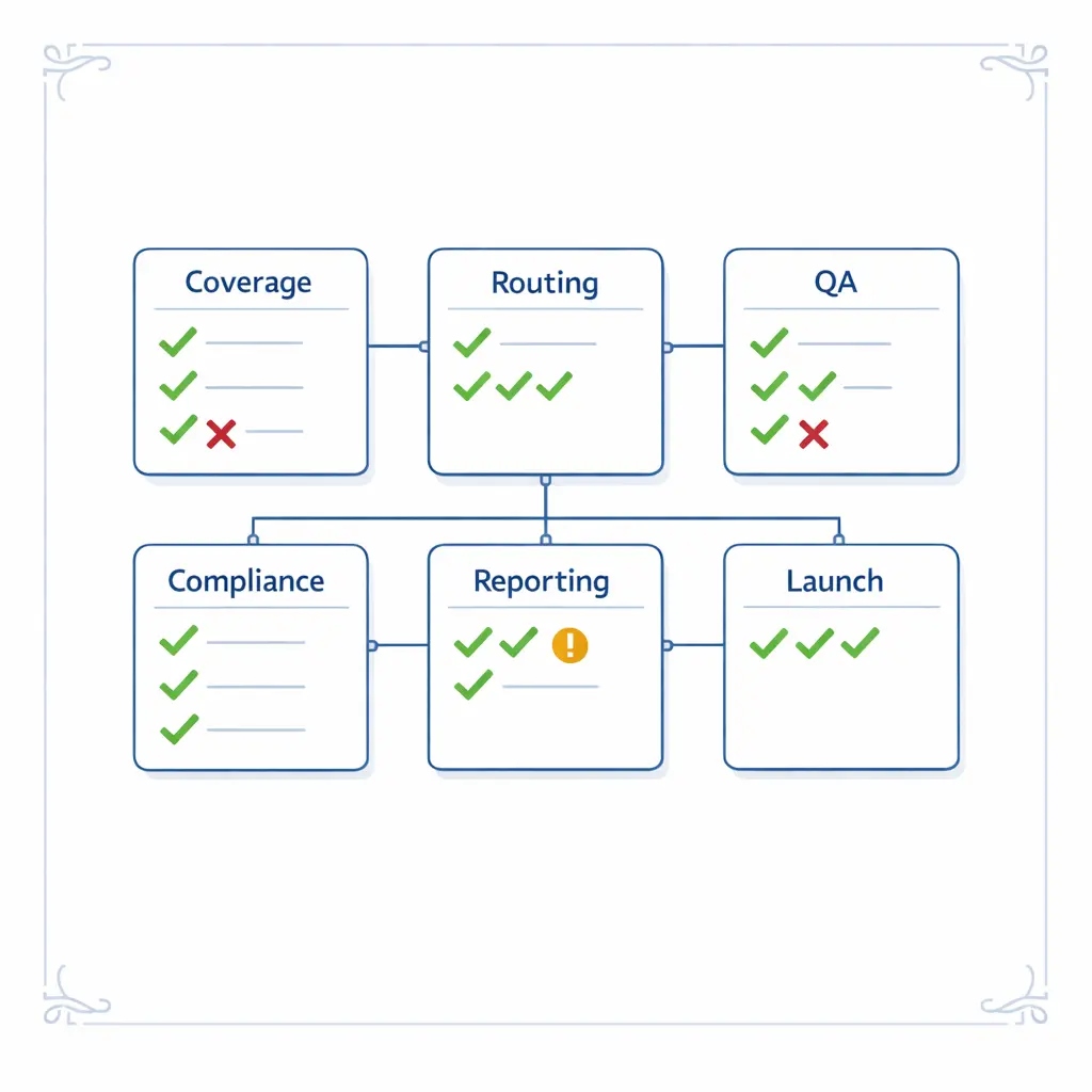 A vendor evaluation board compares coverage, routing, QA, compliance, reporting, and launch readiness.
