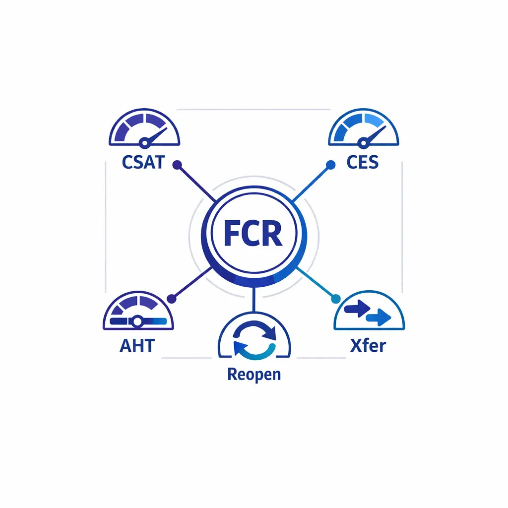 Dashboard-style illustration connects FCR with CSAT, CES, transfer rate, reopen rate, and handle time.