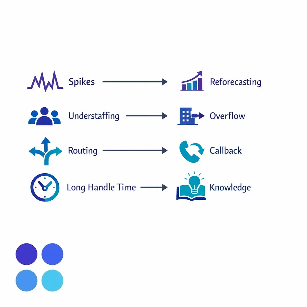 Operational causes are mapped directly to actions like staffing changes, routing fixes, and better knowledge tools.