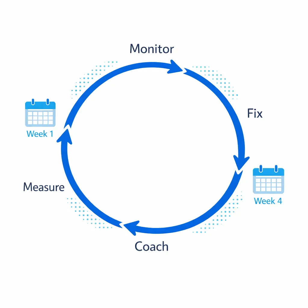 A feedback loop shows daily reviews turning into weekly cadence as metrics stabilize.