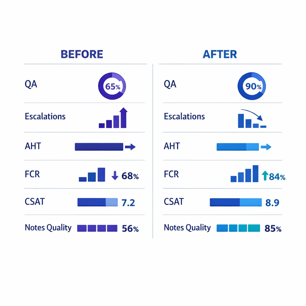 A clean KPI dashboard compares pre and post training outcomes across key service metrics.