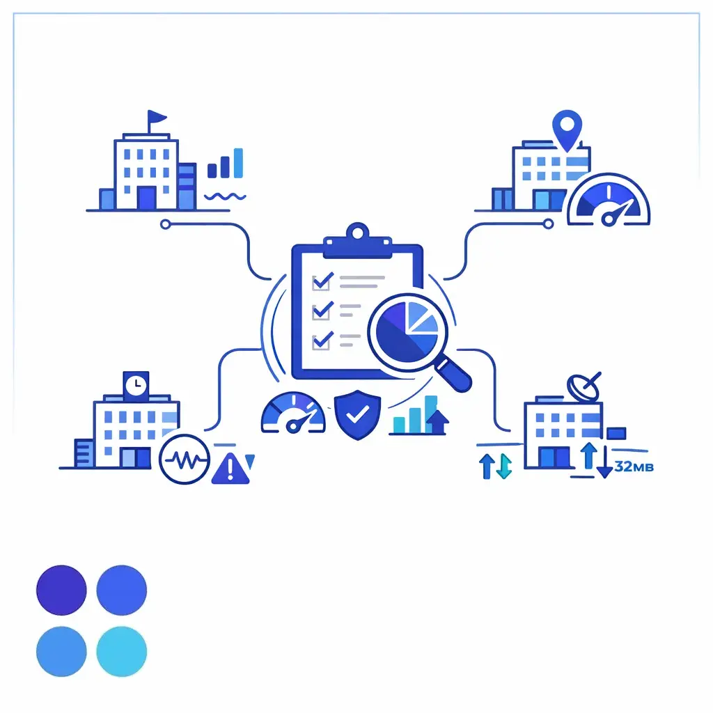 Several office nodes connect to one audit model while different performance signals reveal process drift by location.