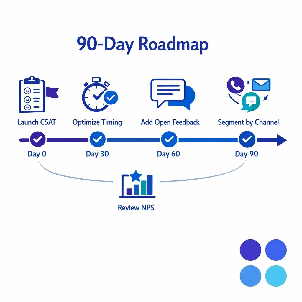 A roadmap graphic highlights the first 90 days of survey timing, comments, segmentation, and review cadence.