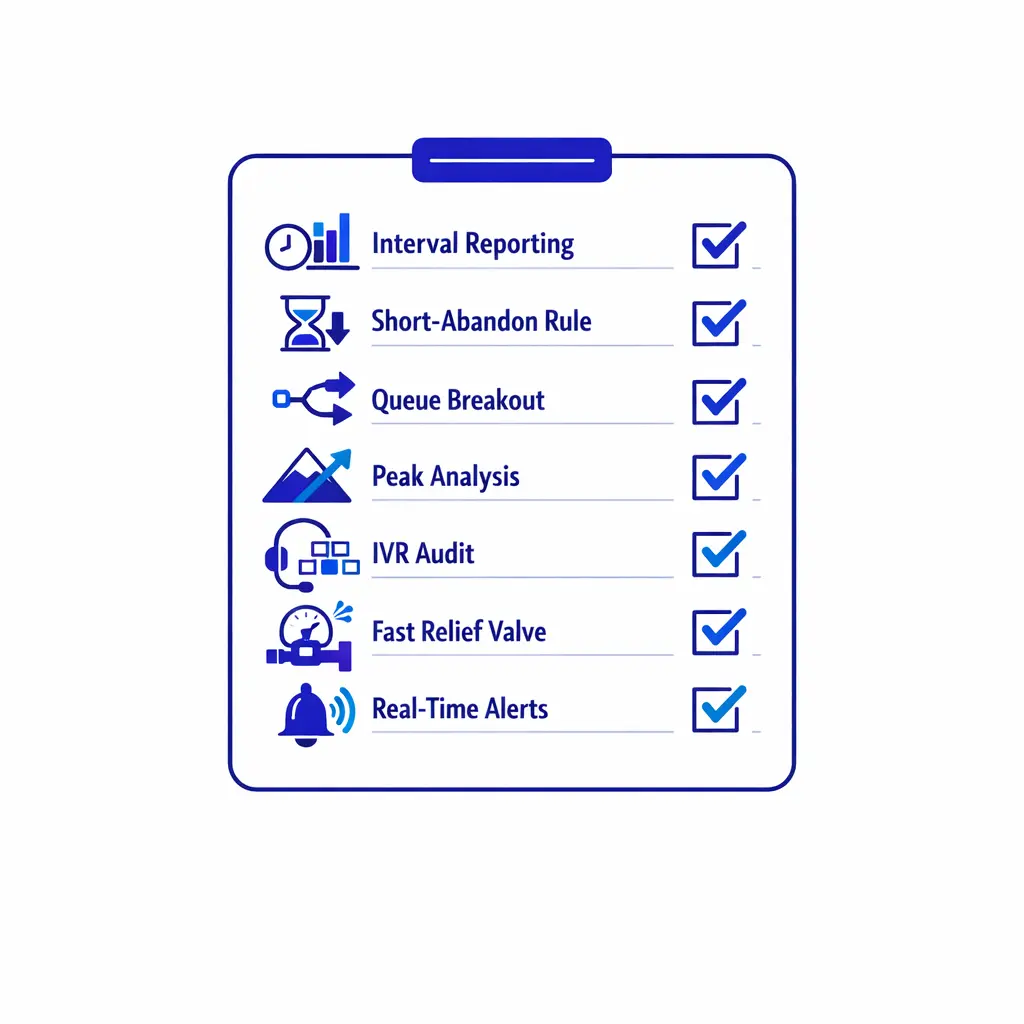A clean checklist of seven actions pairs with small icons for forecasting, routing, callbacks, and alerts.