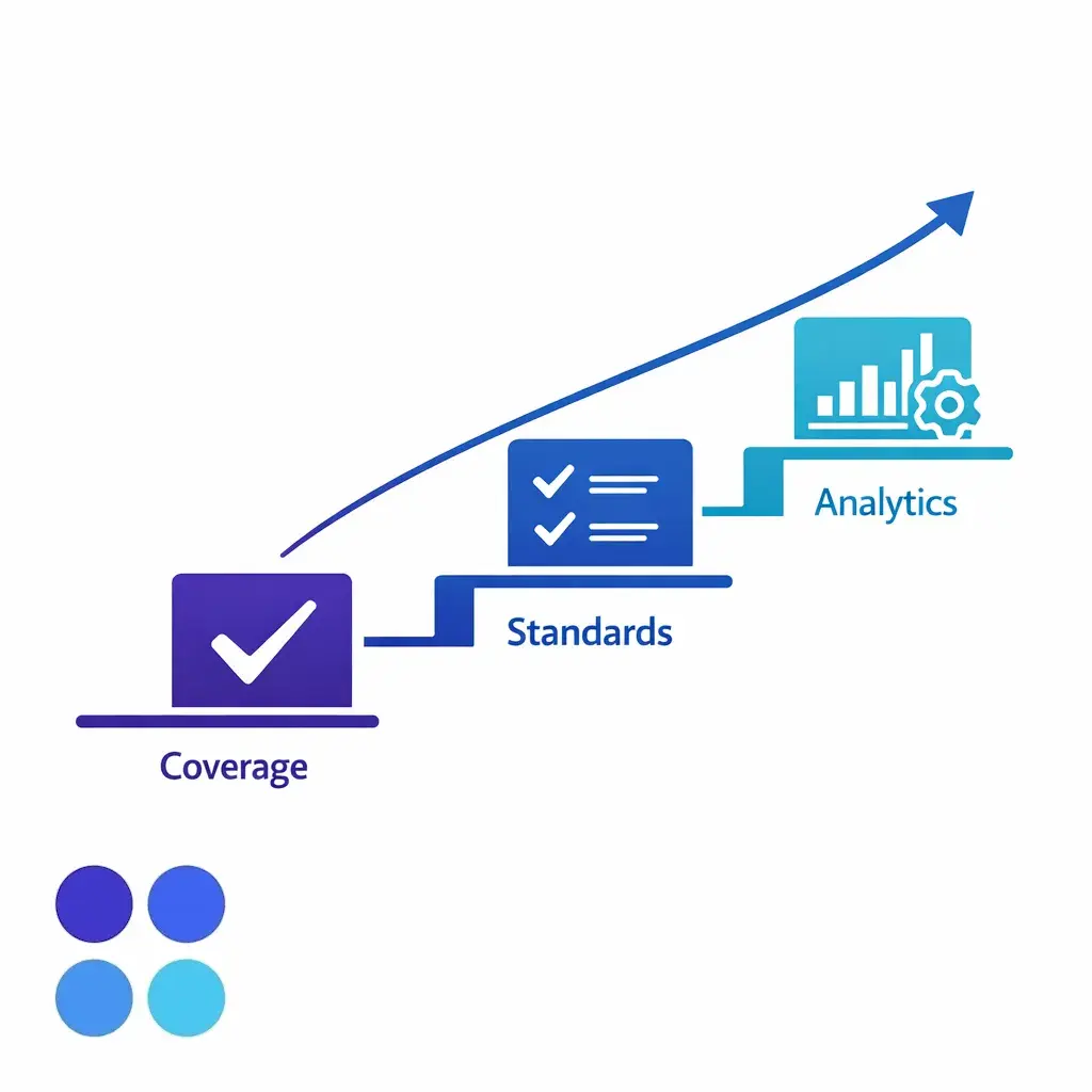 A three-phase roadmap shows critical coverage first, then standards, then advanced analytics.
