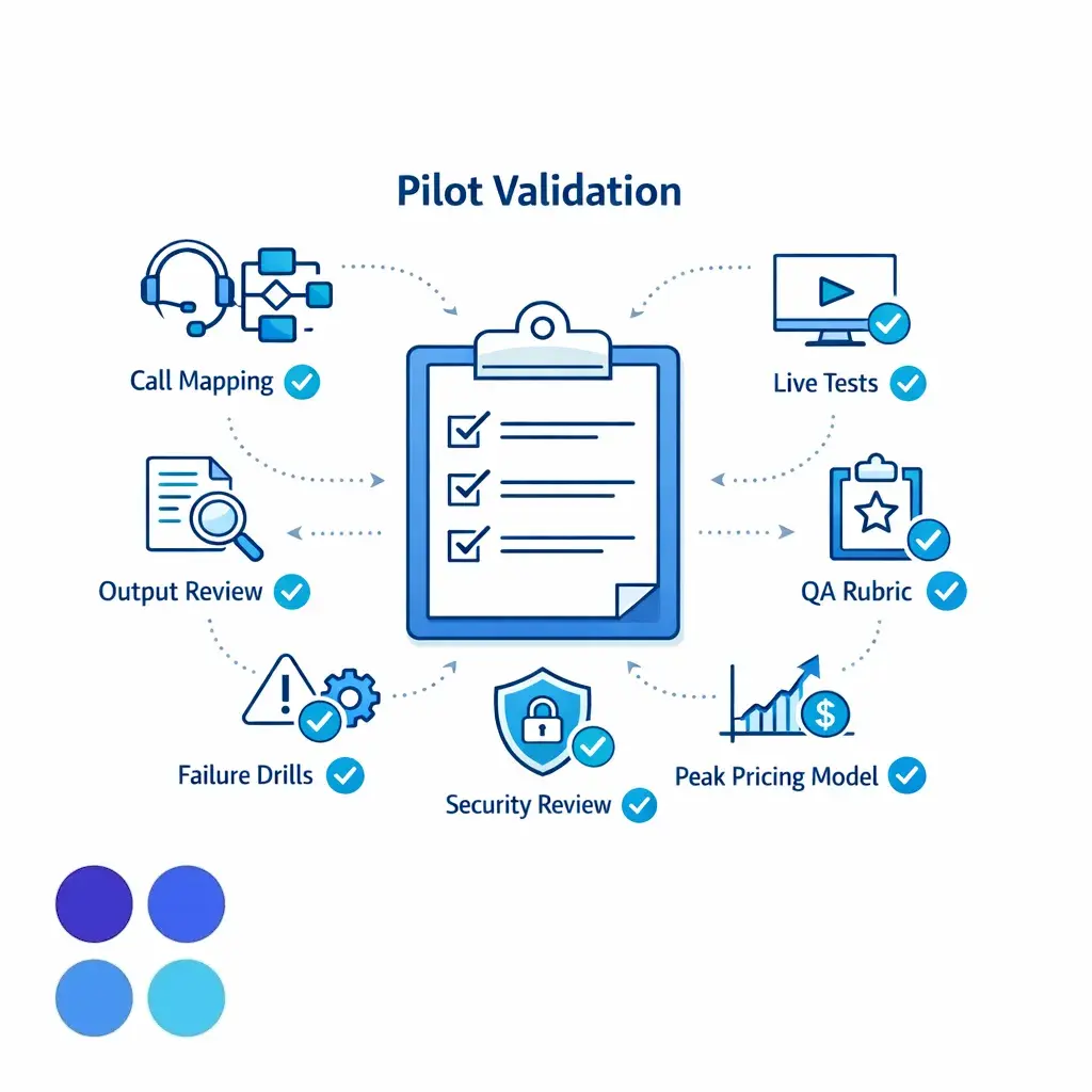 A practical pilot checklist shows test calls, QA scoring, output review, failure drills, and security validation before rollout.