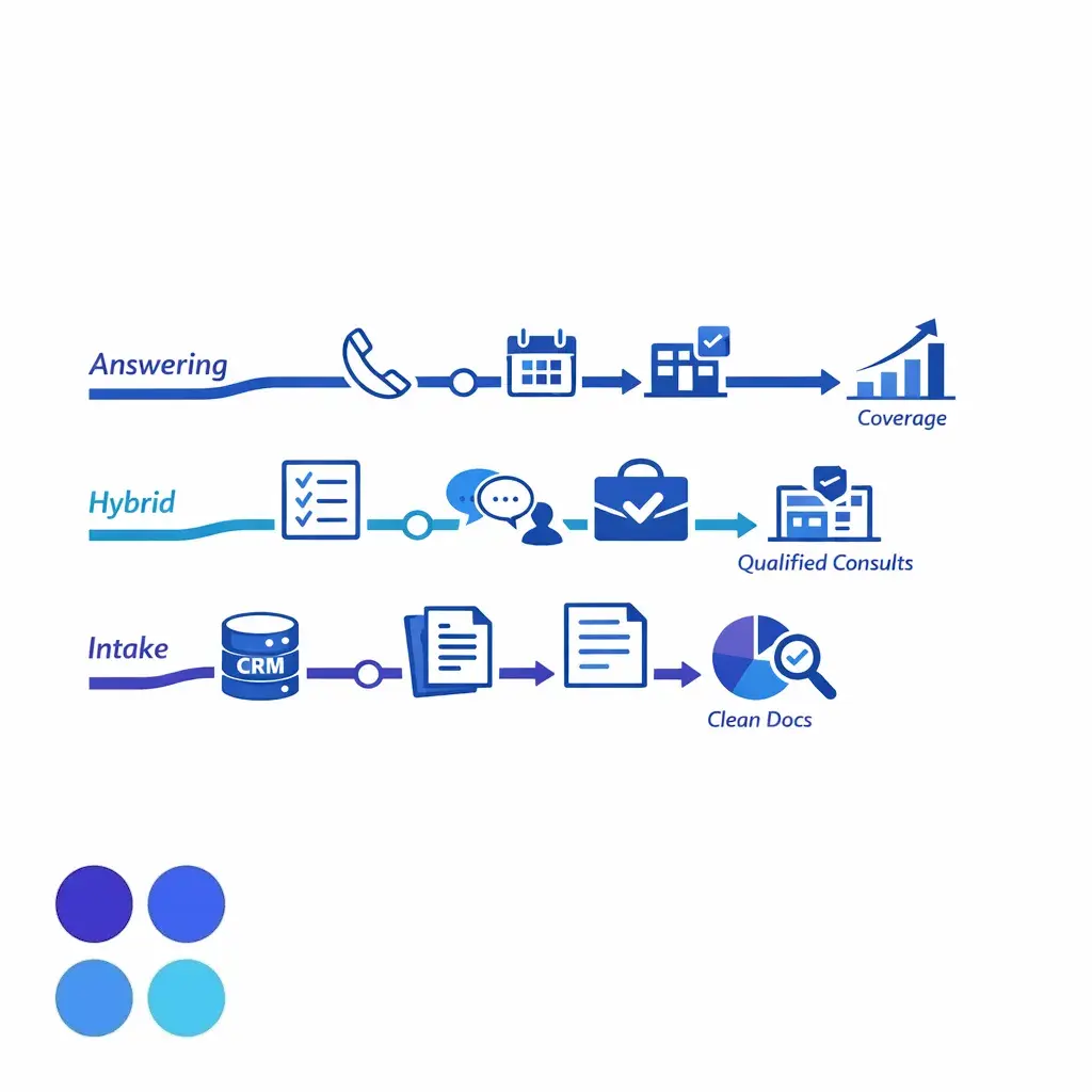 A clean roadmap summarizes answering, intake, and hybrid paths aligned to firm growth goals.
