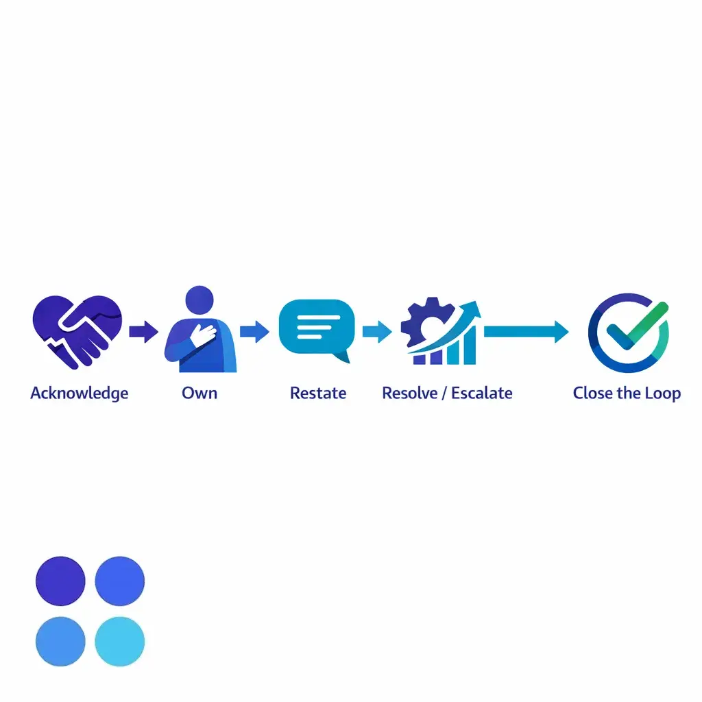 A five-step recovery path moves from acknowledgment to follow-through and closes the loop.