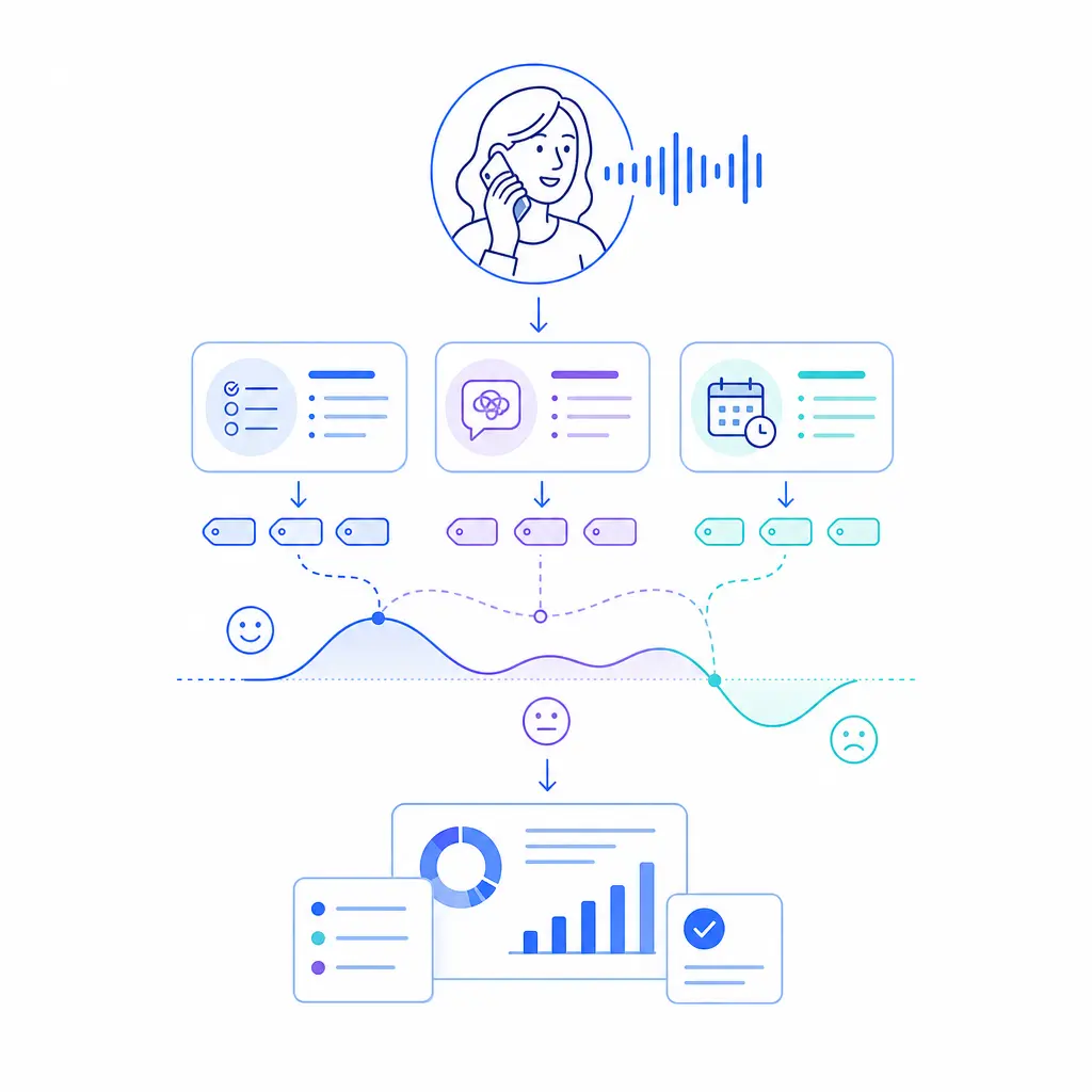 Phone-based feedback is shown turning conversations into structured insights and coded outcomes.