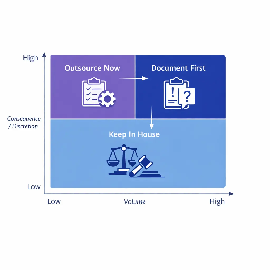 A simple risk matrix sorts intake tasks into outsource now, document first, or keep in-house.
