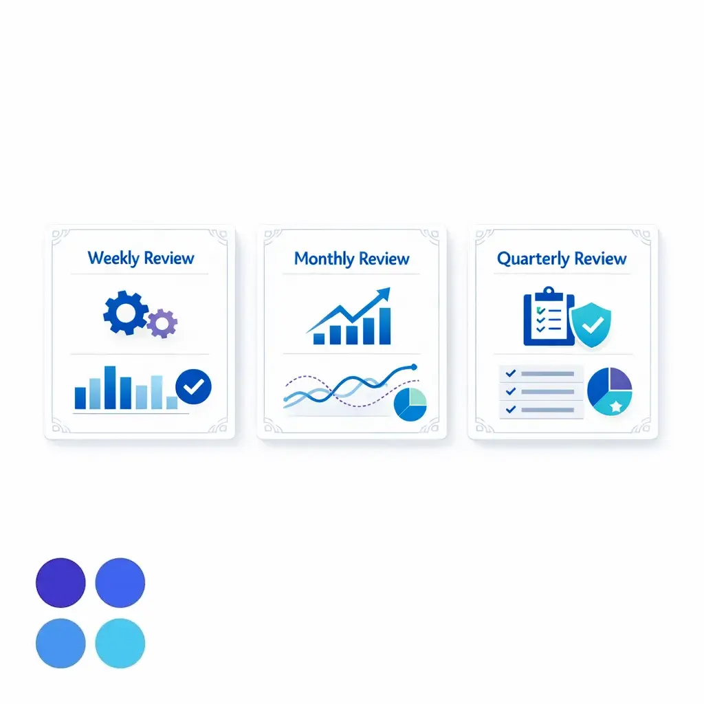 Three reporting cadences are shown as stacked dashboard views for weekly control, monthly patterns, and quarterly governance.