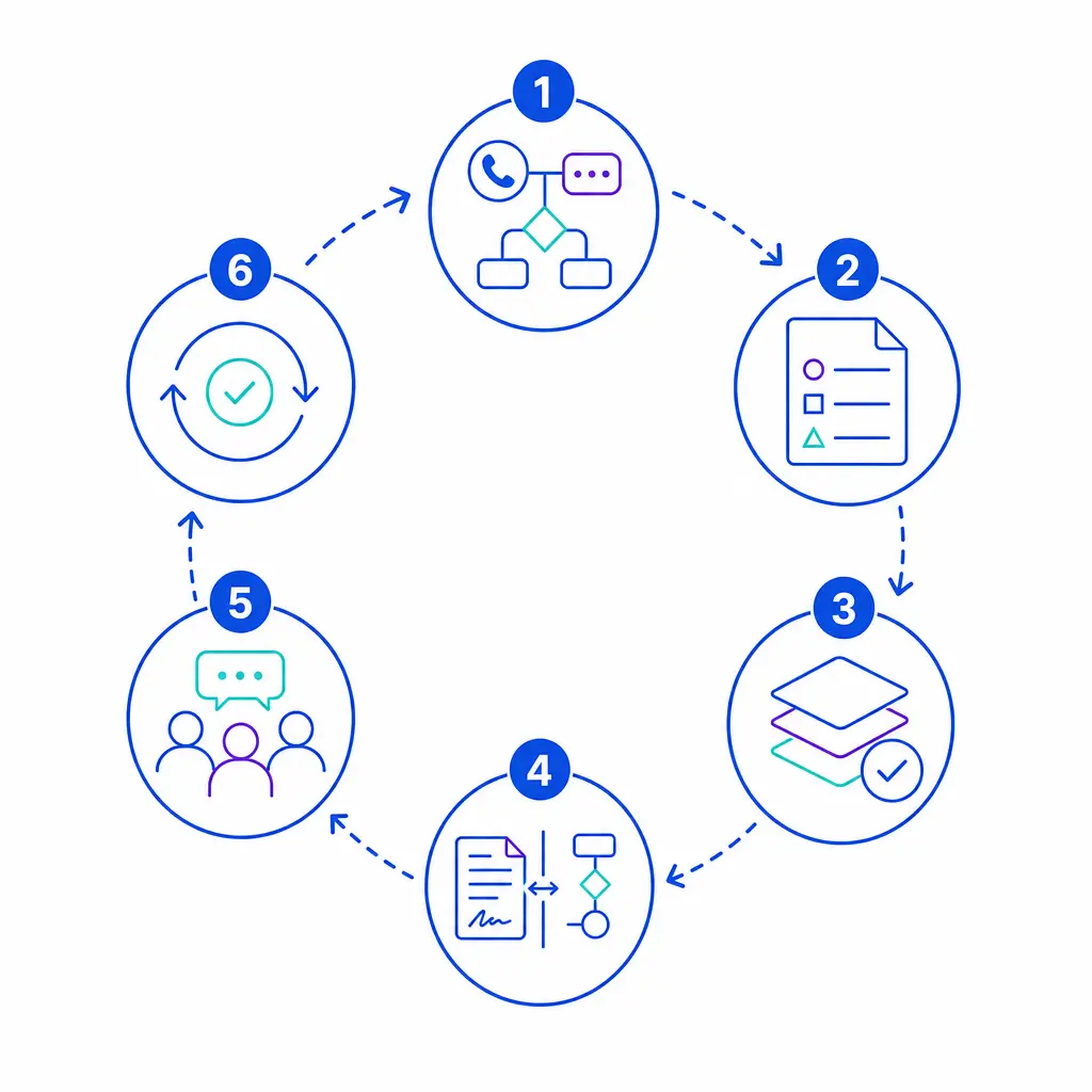 A concise action roadmap shows mapping flows, classifying data, checking tools, and reviewing changes.