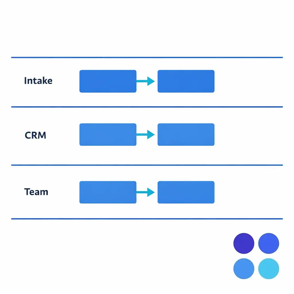 A simplified swimlane map shows intake, CRM, and downstream teams with clear handoffs.