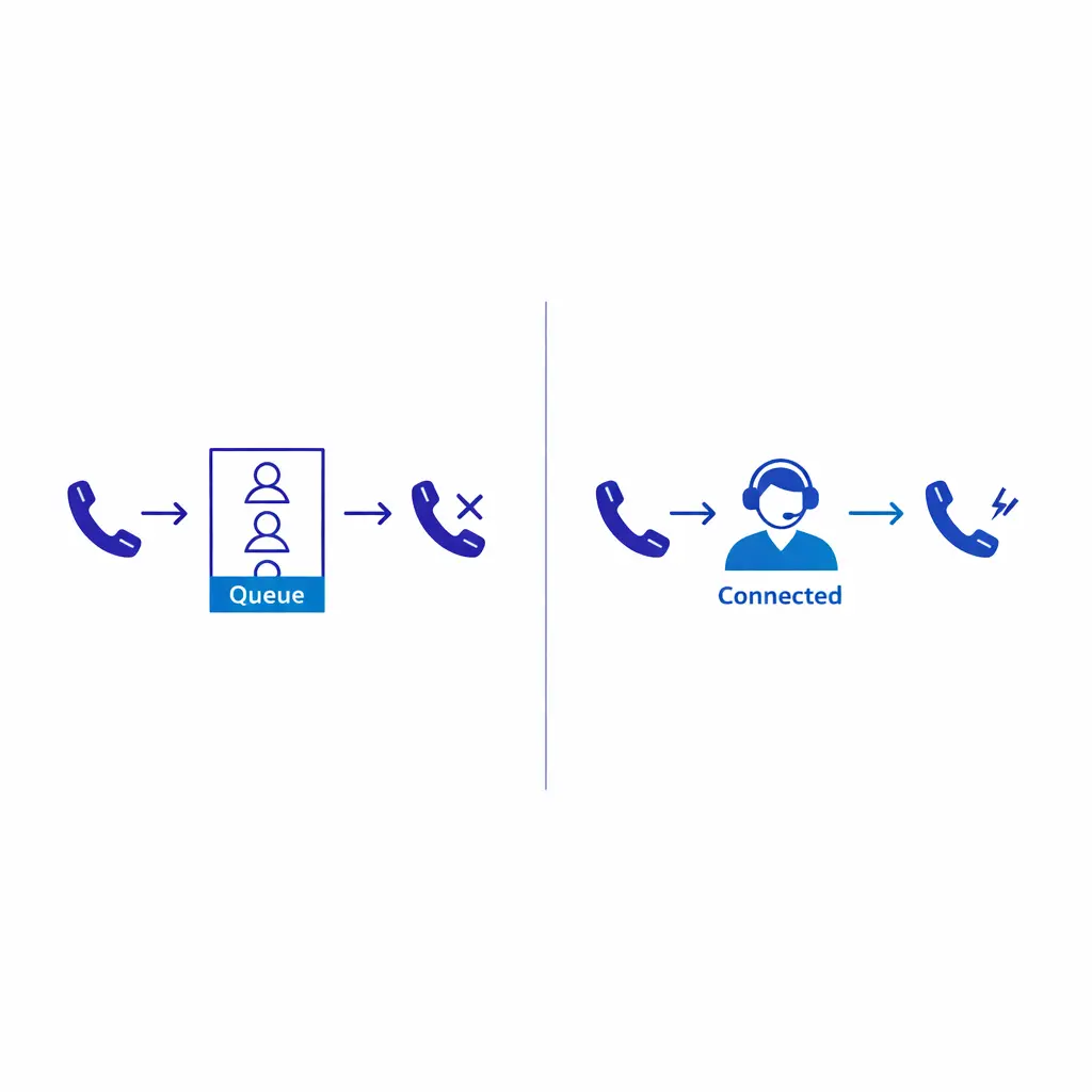 Two simple call paths compare a caller hanging up in queue versus a call failing after agent connection.