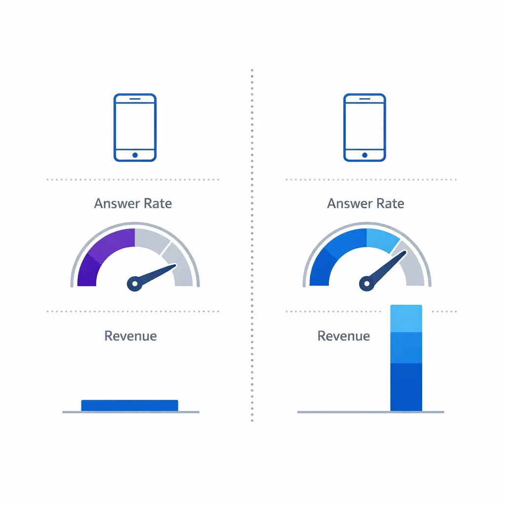 Two side-by-side panels contrast high answer rate with low revenue and lower answer rate with higher revenue.