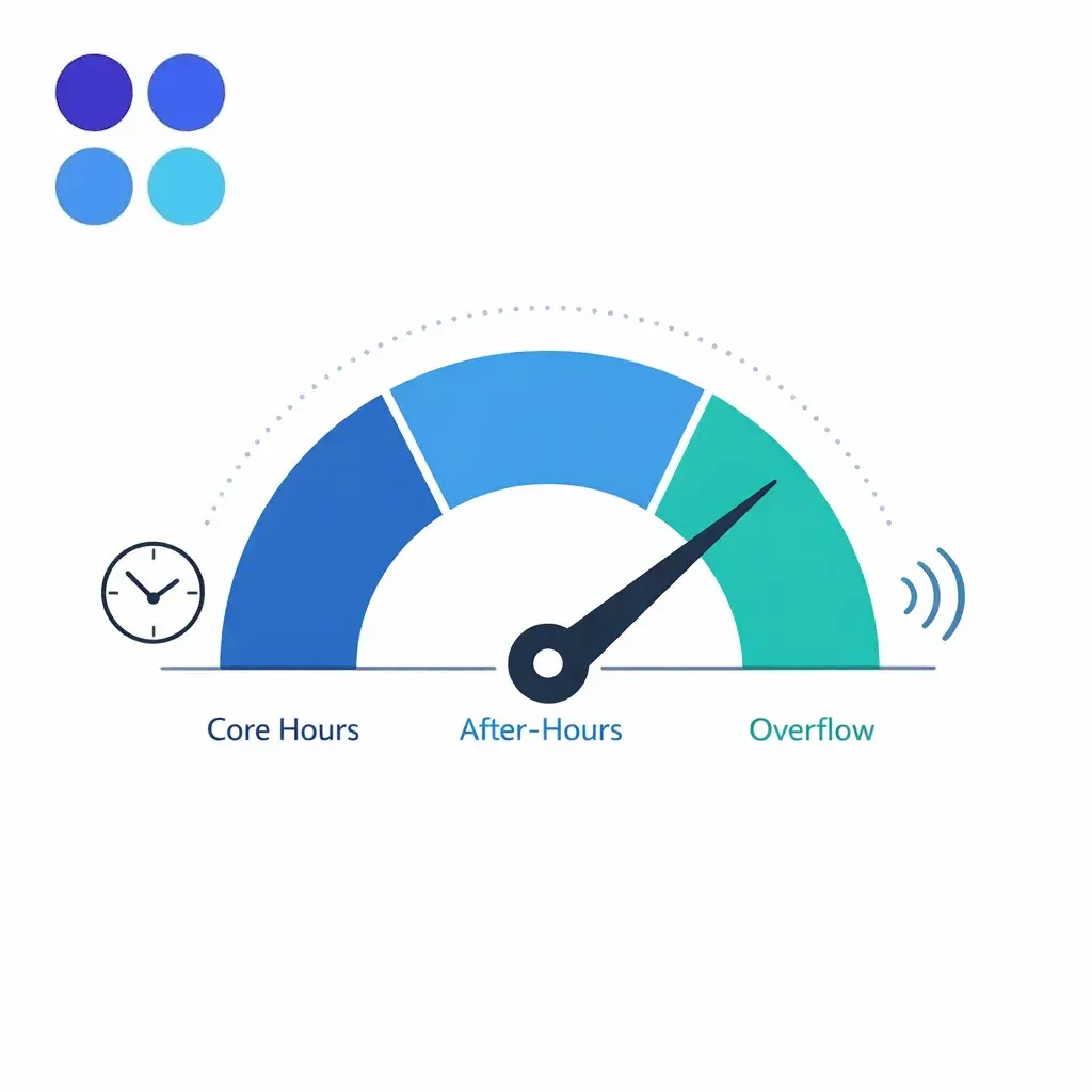 A gauge-style diagram showing coverage rising from business hours to 24/7 with overflow and after-hours segments.
