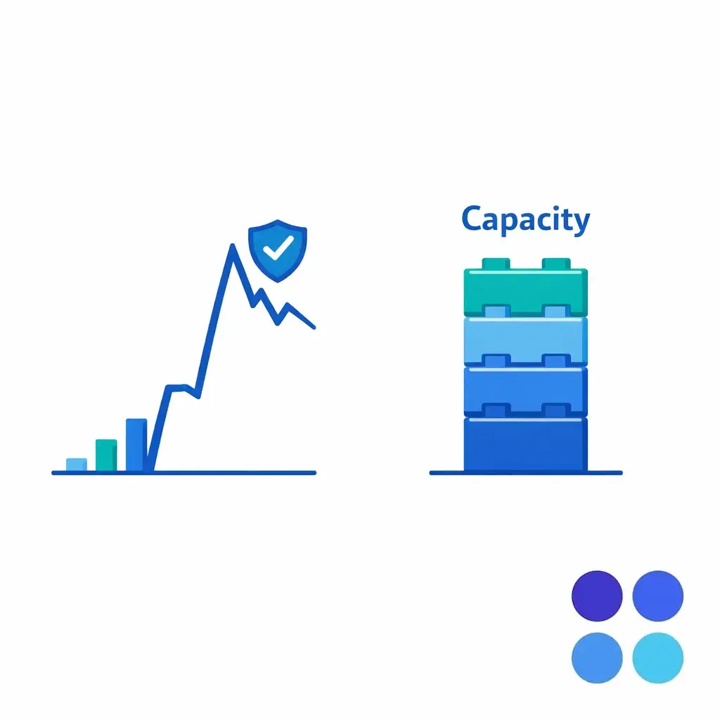 A spike meter shows surging volume while staffing blocks expand to maintain coverage.