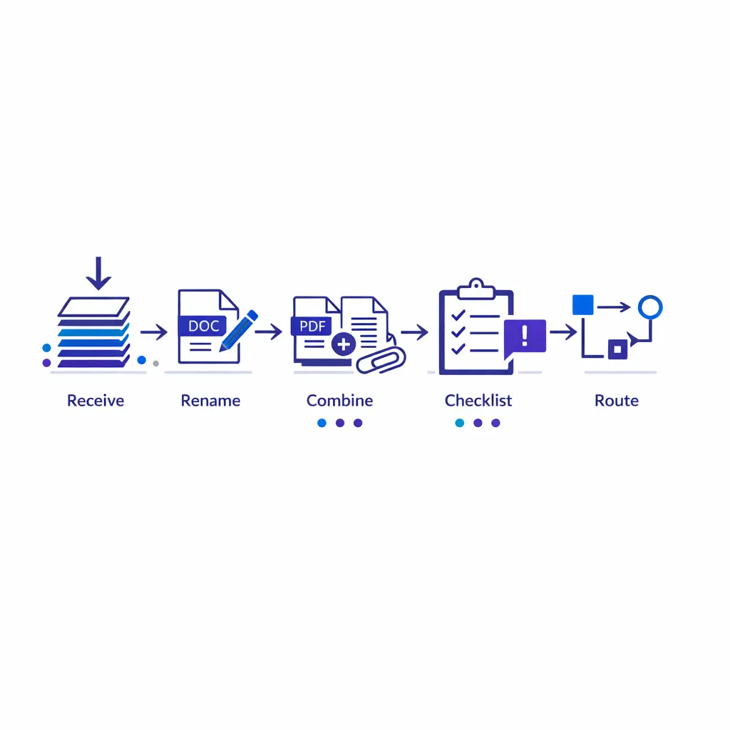 A centered file workflow shows intake packets being sorted, renamed, checked, and routed with crisp visual order.