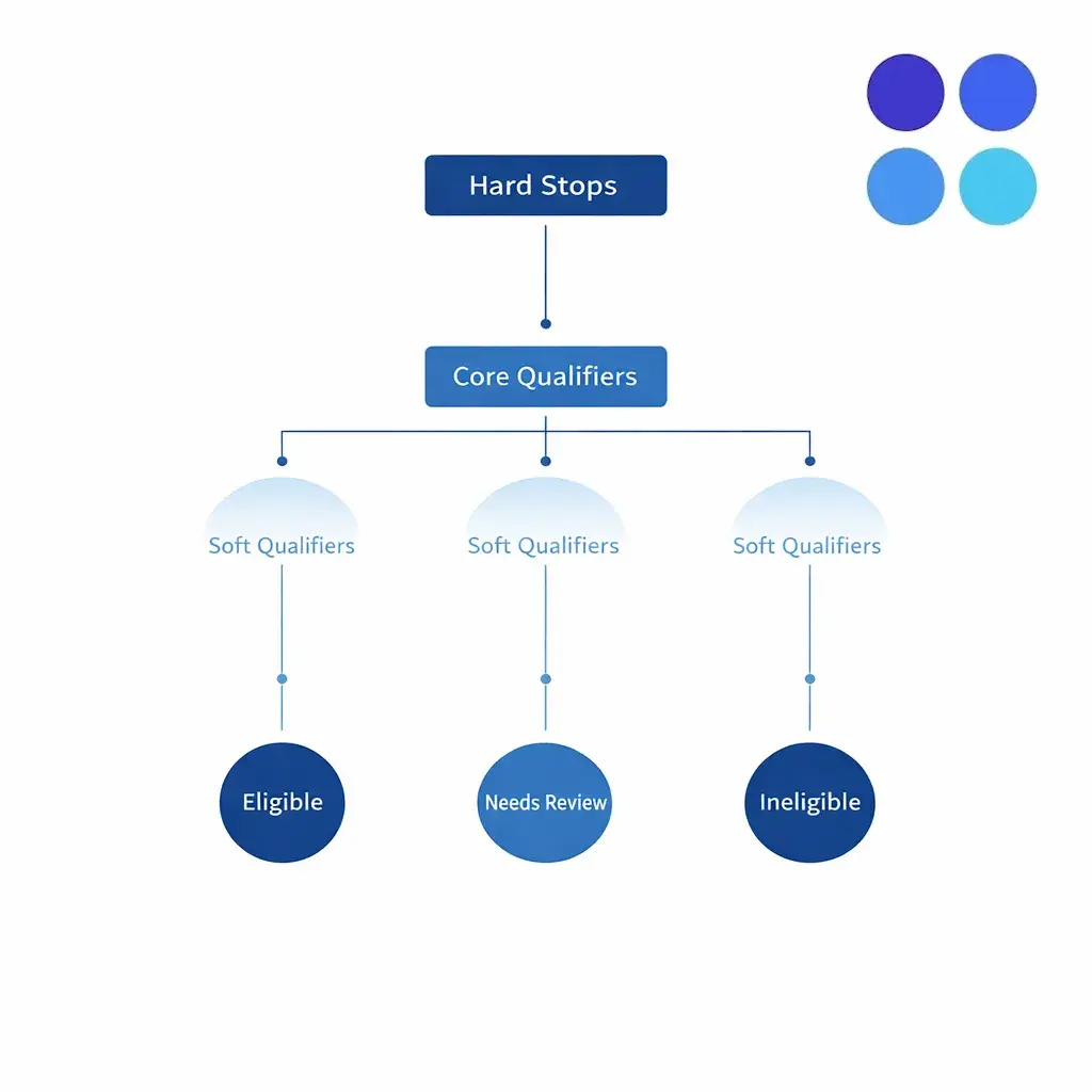 A decision tree illustrates hard stops, core qualifiers, and soft qualifiers leading to three outcomes.