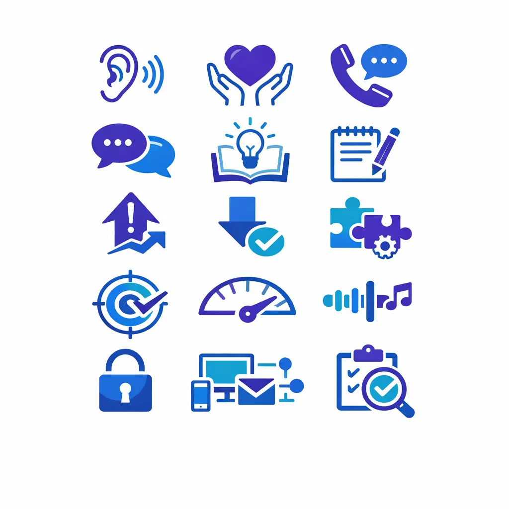 A neat grid of fifteen service training icons shows a complete curriculum for frontline teams.