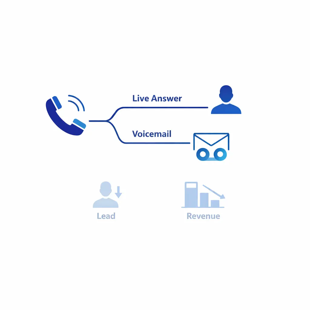 A ringing phone drops into voicemail while a fading lead arrow shows revenue risk from missed first contact.