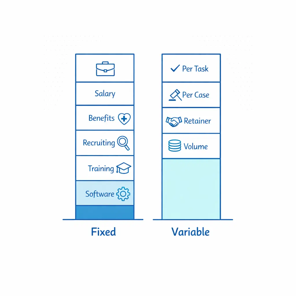 A split bar chart contrasts fixed headcount costs with variable outsourced capacity costs.