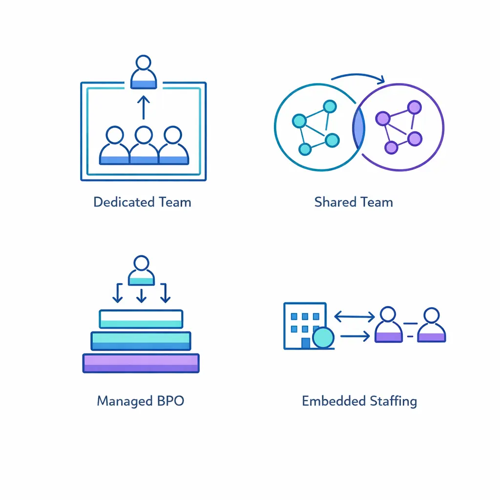 Four distinct service models are visualized as connected modules for dedicated, shared, managed BPO, and embedded staffing.