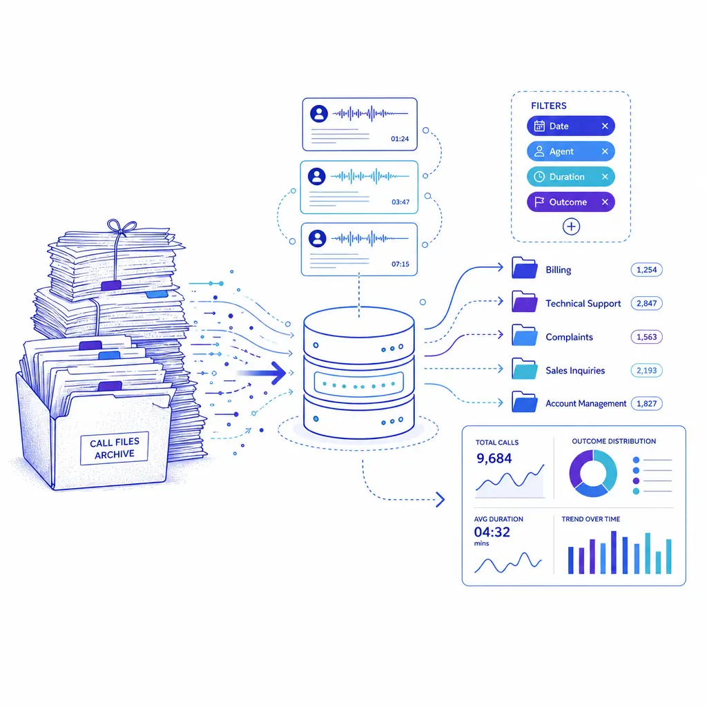 A stack of recorded calls becomes a searchable categorized dashboard with clean icons and connectors.