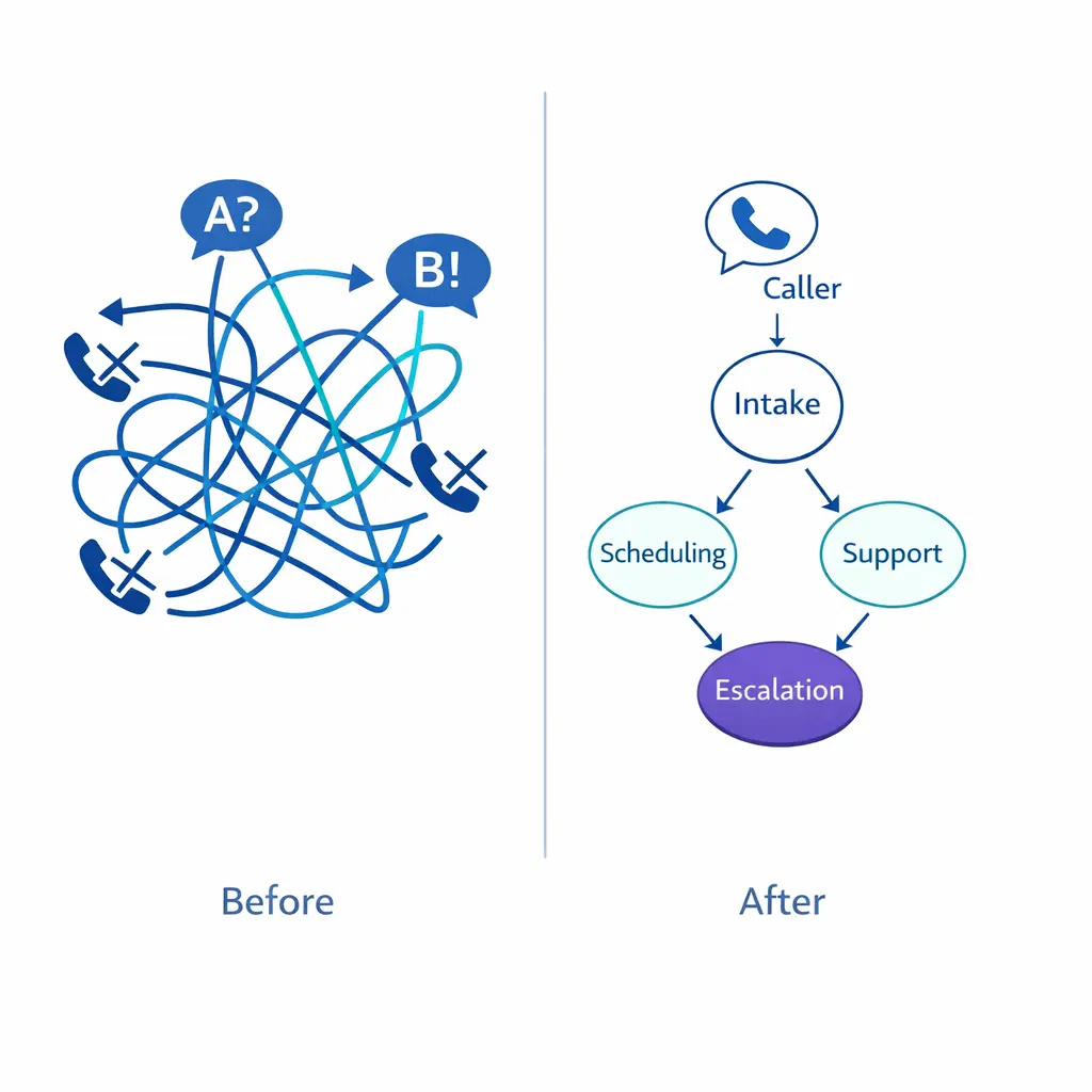 A split routing flow contrasts messy transfers with a direct bilingual path to the right queue.