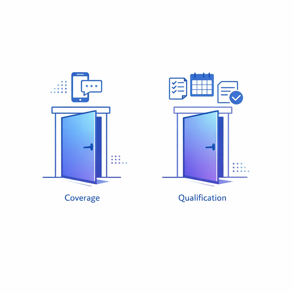 Two doors symbolize the choice between simple call coverage and deeper qualification workflows.