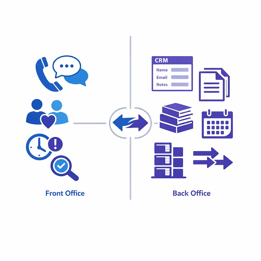 A split diagram contrasts live caller intake with structured back-office documentation workflows.