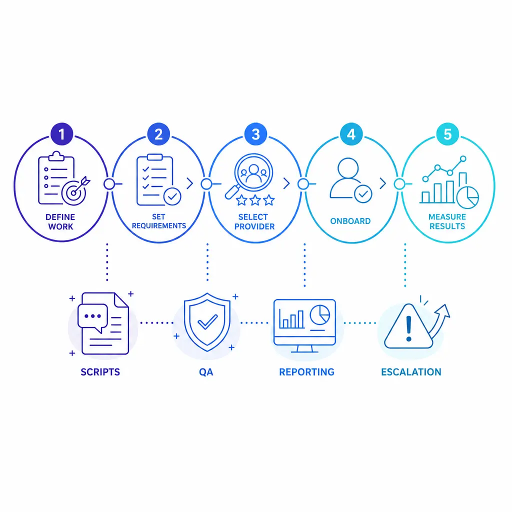 A five-step flow shows define, set requirements, select, onboard, and measure in a clean process sequence.
