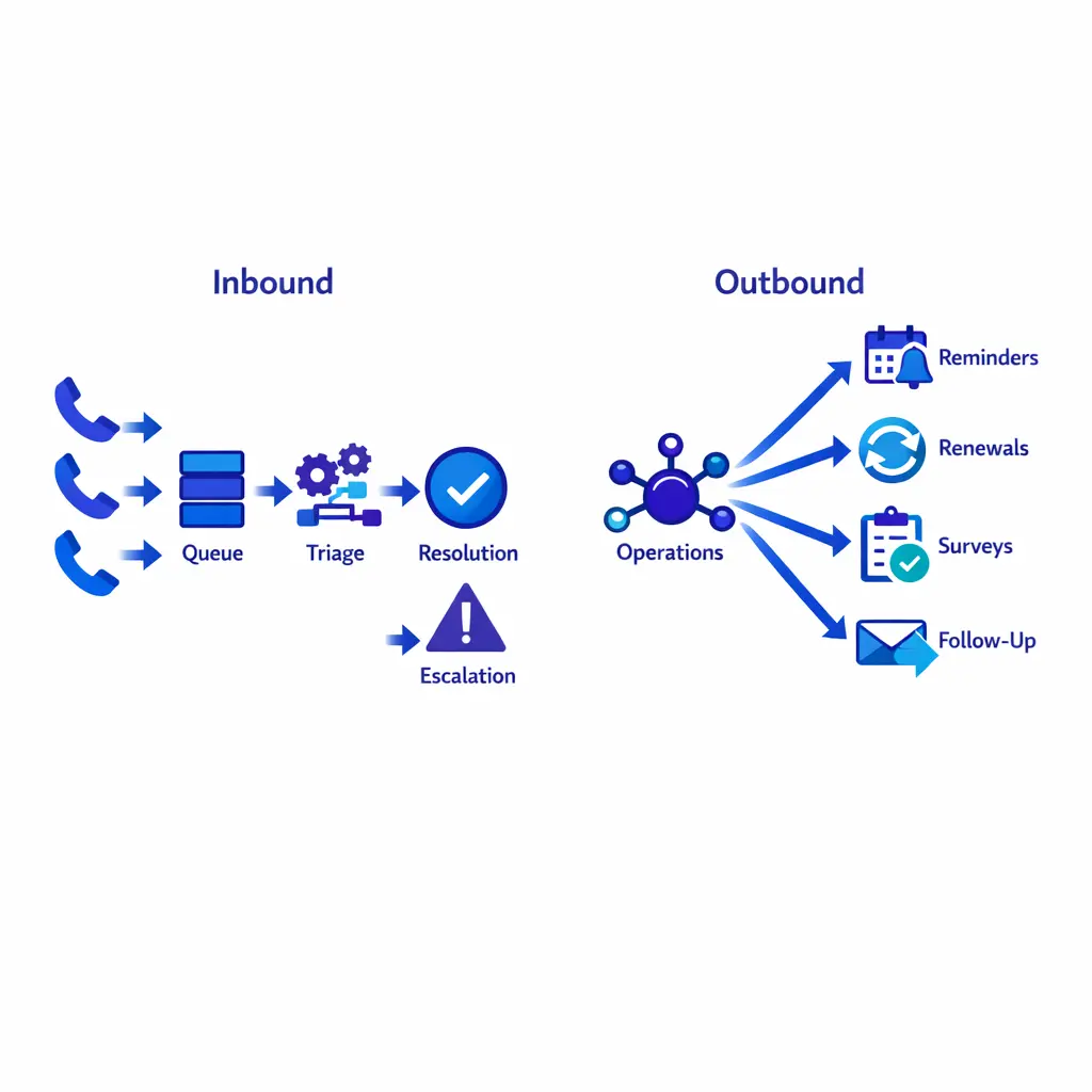 A split diagram contrasts inbound customer-initiated support with outbound campaign-based calling using simple line icons.