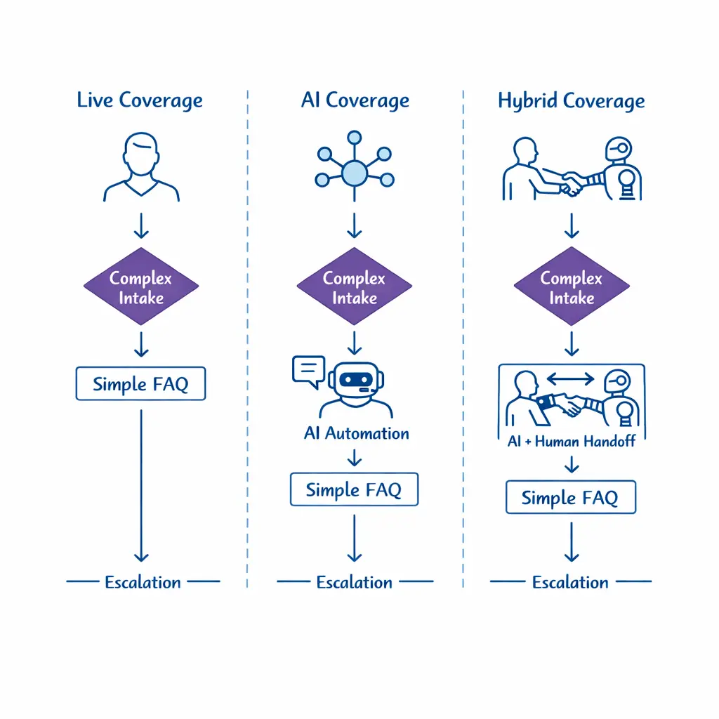 Three distinct call paths compare live, AI, and hybrid answering models with clean icons and centered decision logic.