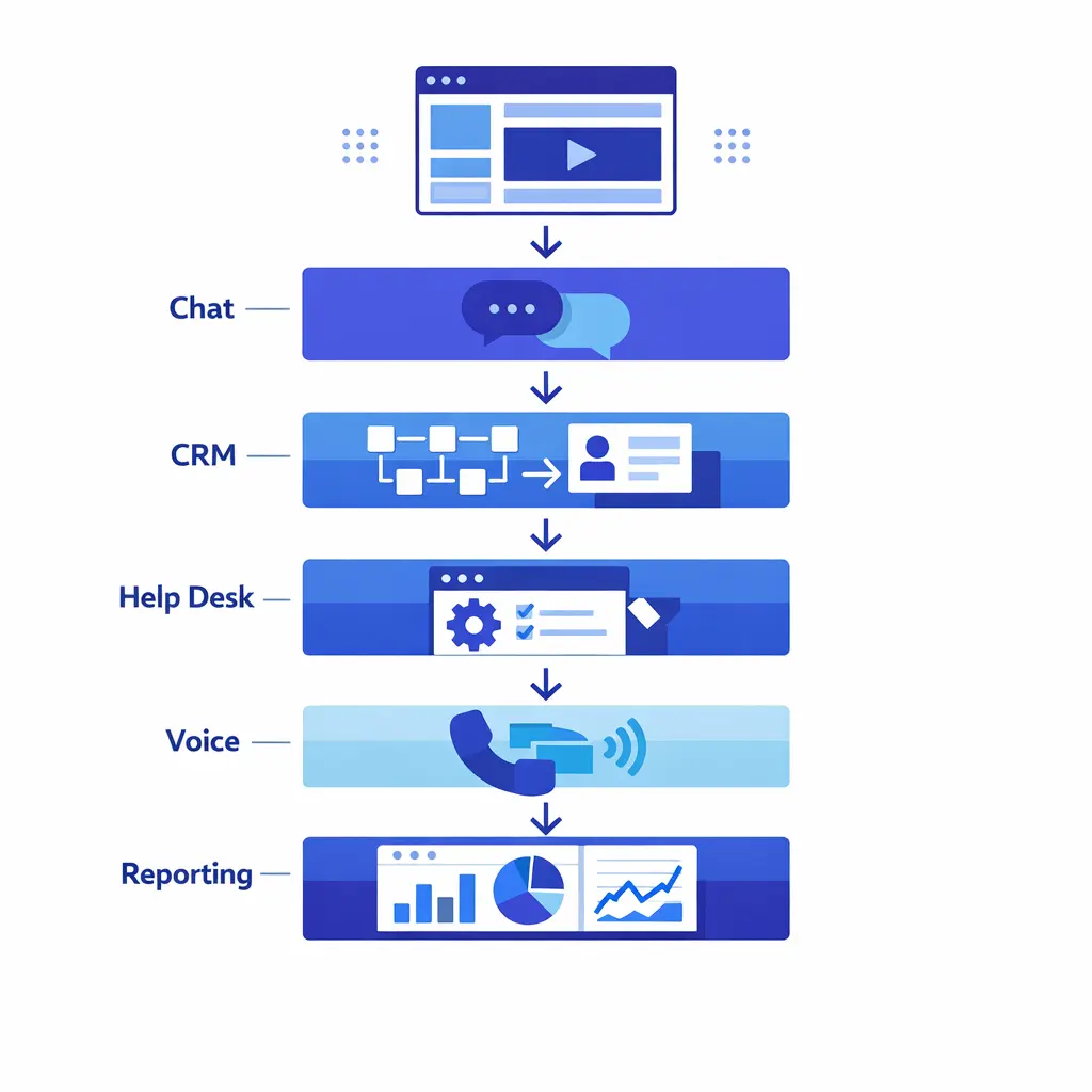 A layered support stack diagram places live chat between website entry, CRM, help desk, phone, and reporting systems.