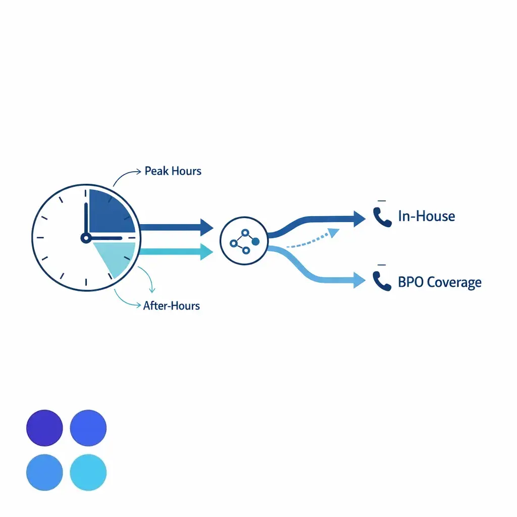 A call flow diagram routes peak-hour overflow and after-hours calls to a backup team.