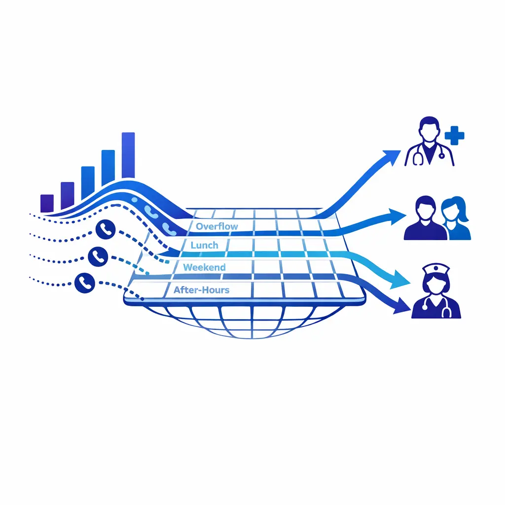 Stacked call waves flow into a live coverage safety net for lunch breaks, evenings, weekends, and surges.