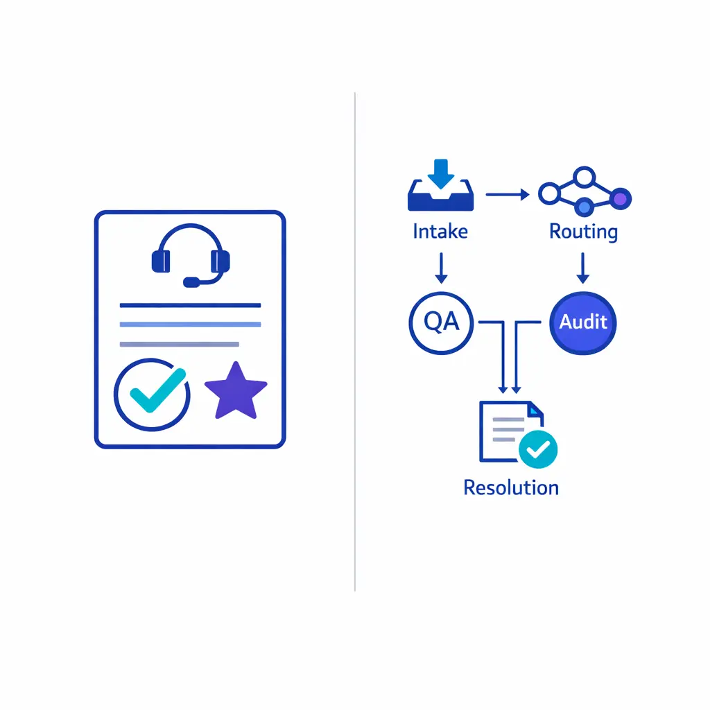 Two simple panels compare single interaction scoring with a full workflow audit across multiple service steps.