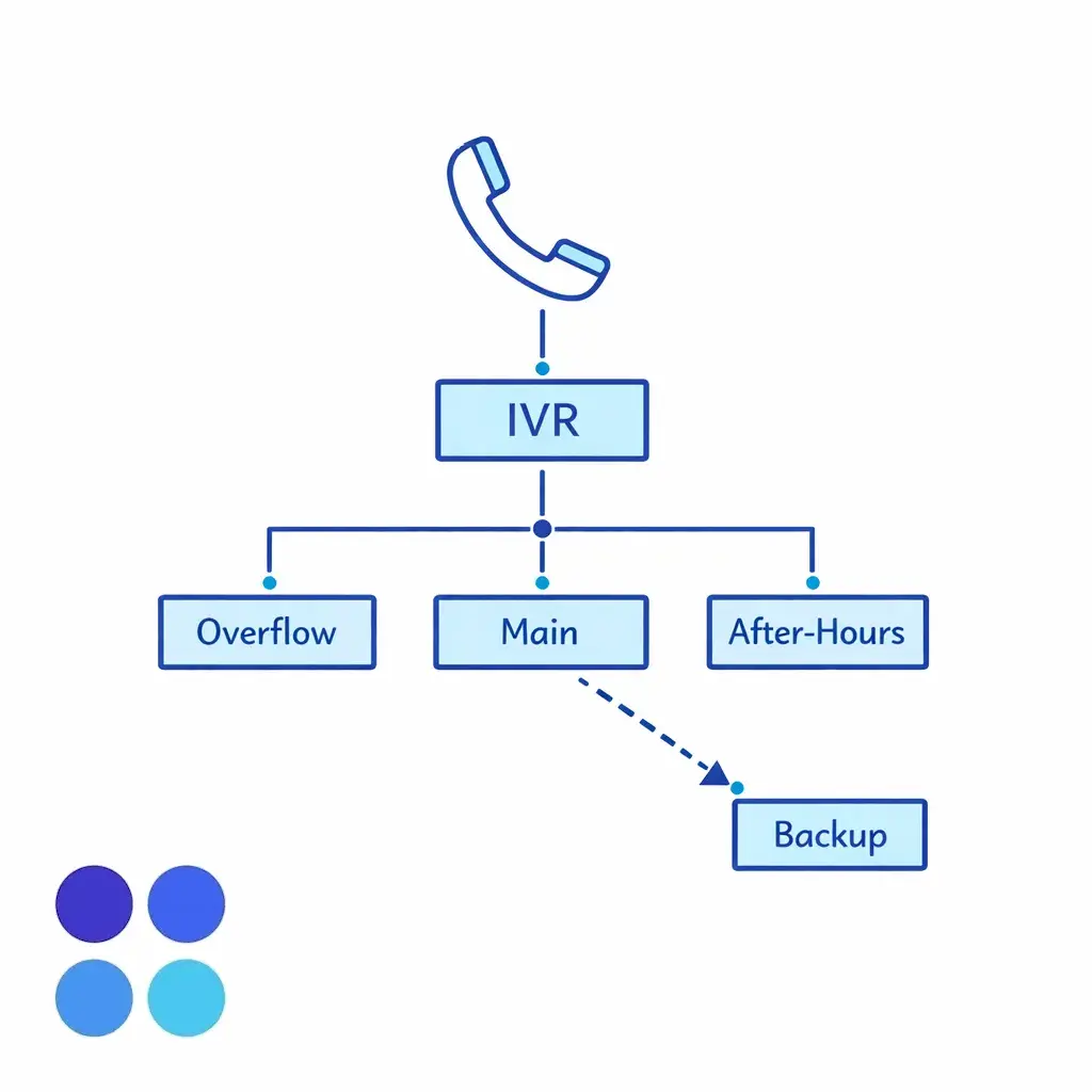 A routing diagram depicts callers flowing through IVR to queues with an explicit failover path to a backup team.